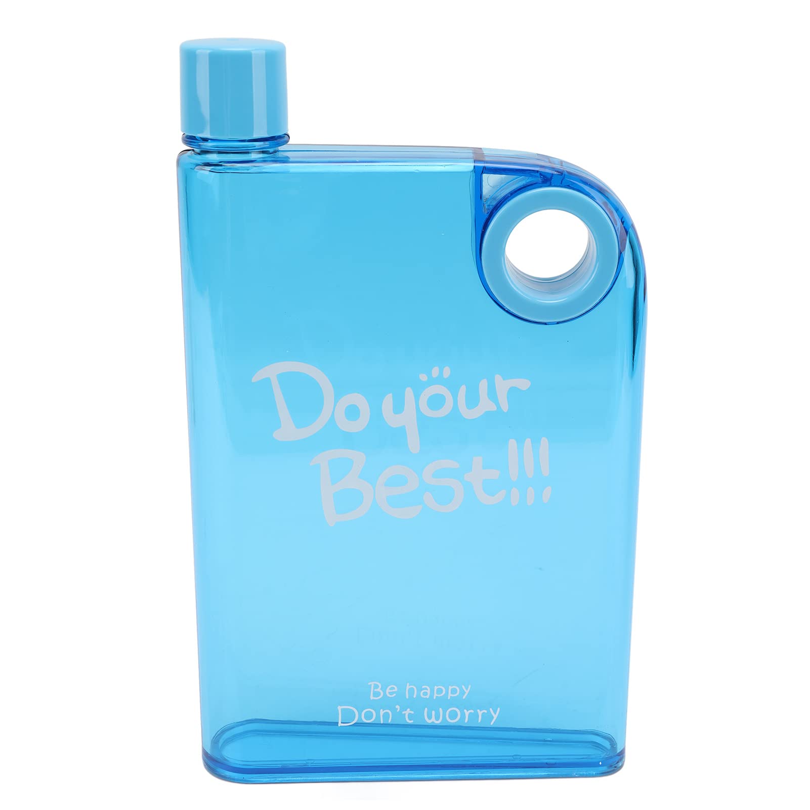 Bouteille d'eau bleu transparente de forme prisme à base rectangulaire avec un trou tranversant la bouteille en haut à droite. Le bouchon est en haut à gauche et il est écrit au milieu: Do your best!!! Il est écrit en bas: Be happy, Don't worry