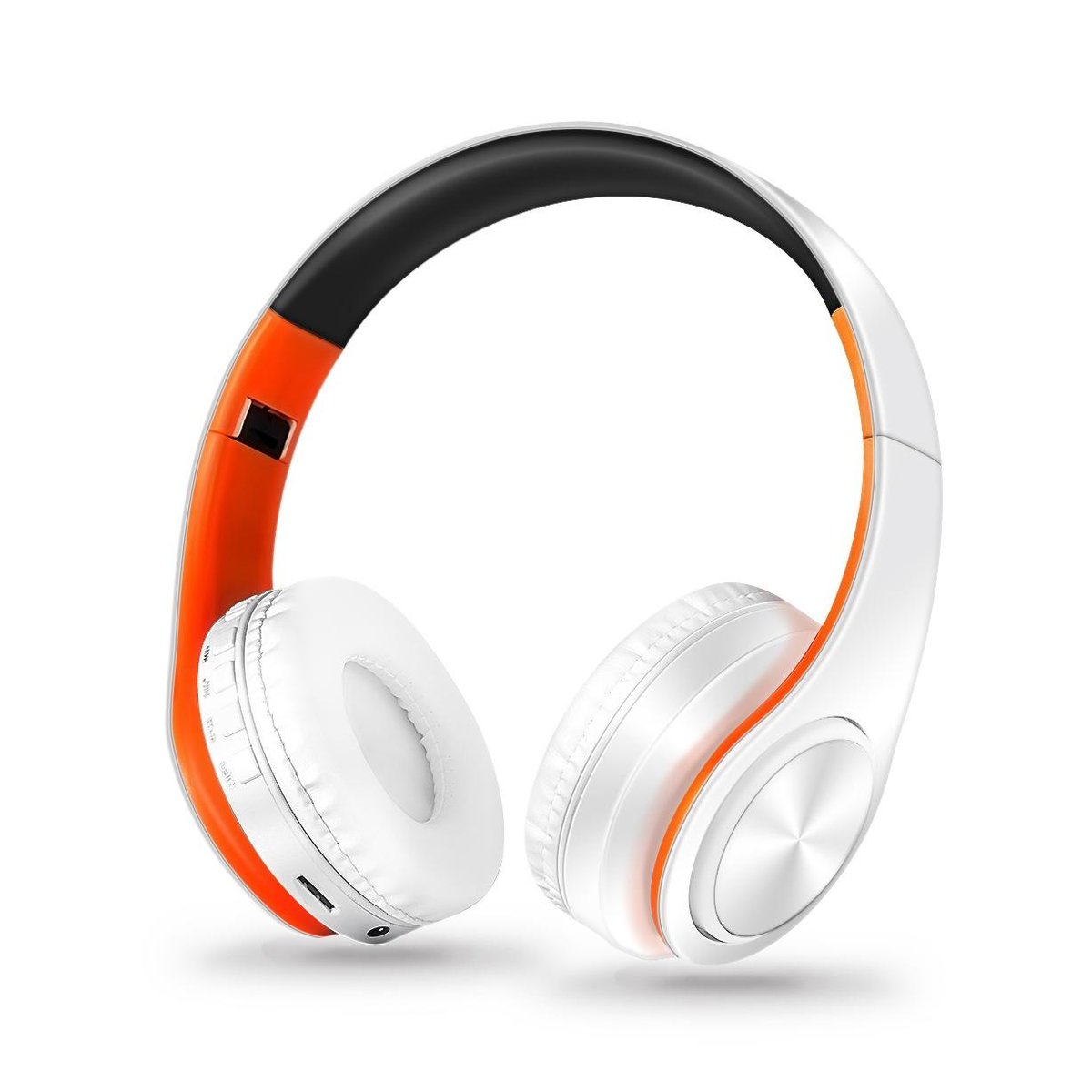 Écouteur à 2 oreilles à coussinets comportant 8 options sur l'oreille droite, sans fil et rechargeable. Les coussins et l'oreille sont en plastique et sont blancs. De l'intérieur, le haut est noir et le reste est orange. De l'extérieur, tout est blanc.