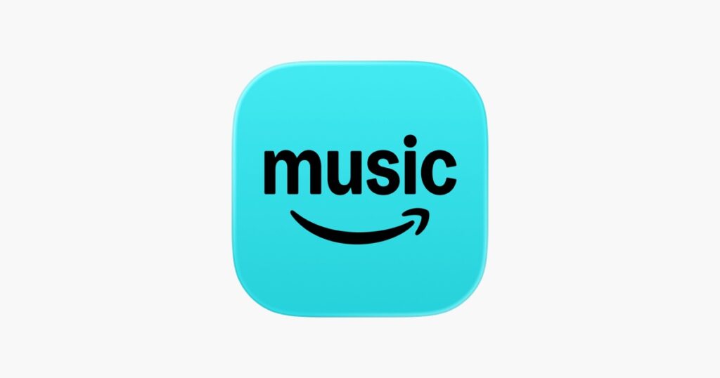 Carré avec coins courbés bleu-turquoise avec l'inscription noir music au milieu. En bas, il y a le logo d'Amazon (flèche noir qui forme un sourire)