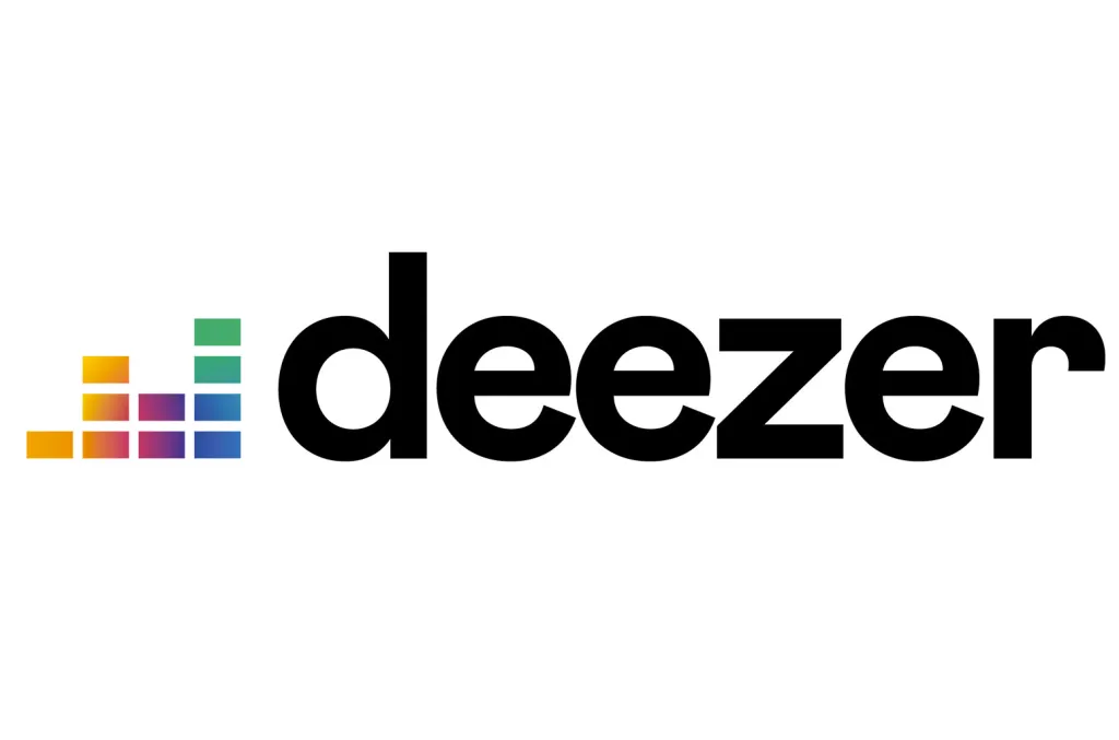 Des carrés de différentes couleurs formant des bandes avec l'inscription noir deezer à droite des bandes.